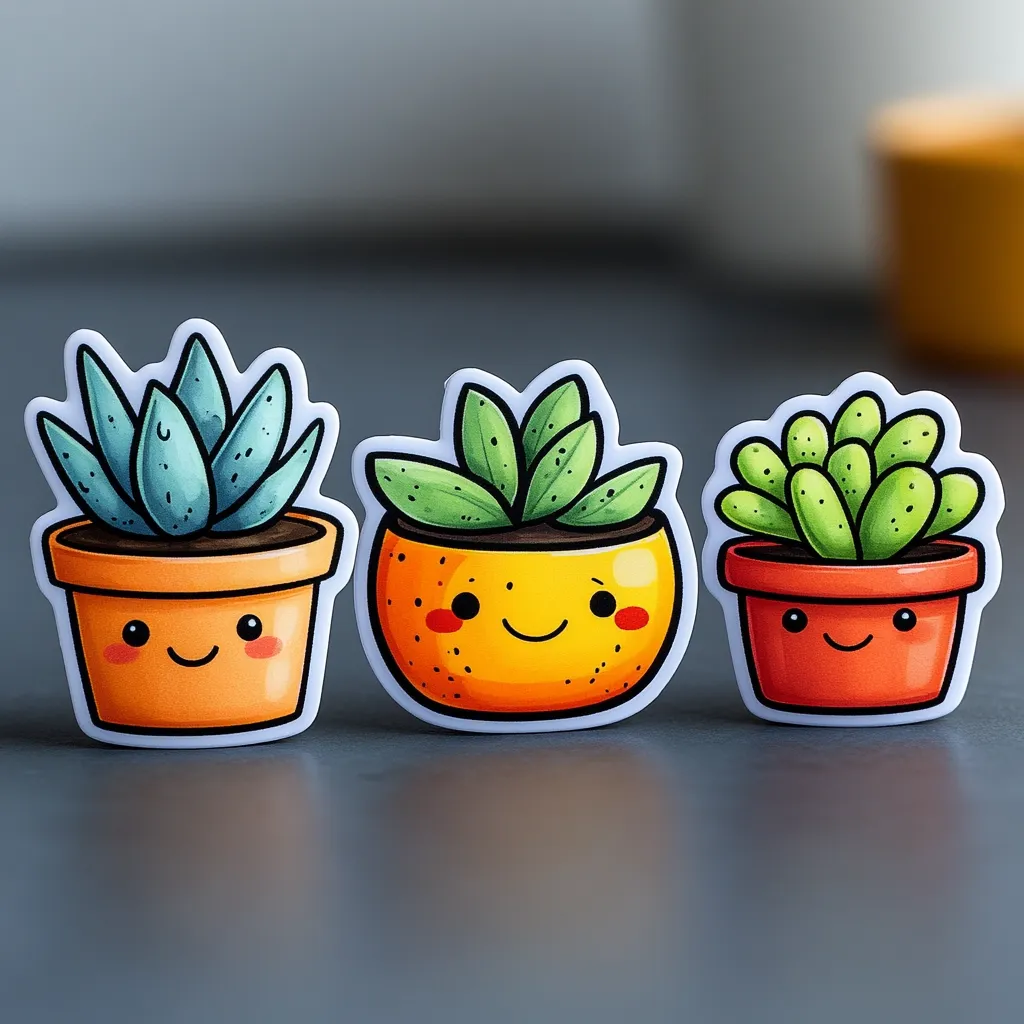Three cute cartoon succulents in pots sit on a grey surface.  The first pot is orange, the second is shaped like an orange and the third is terracotta. Each plant has a smiling face.  They are bright and cheerful, possibly stickers or small figurines.  A blurred yellow pot is visible in the background.