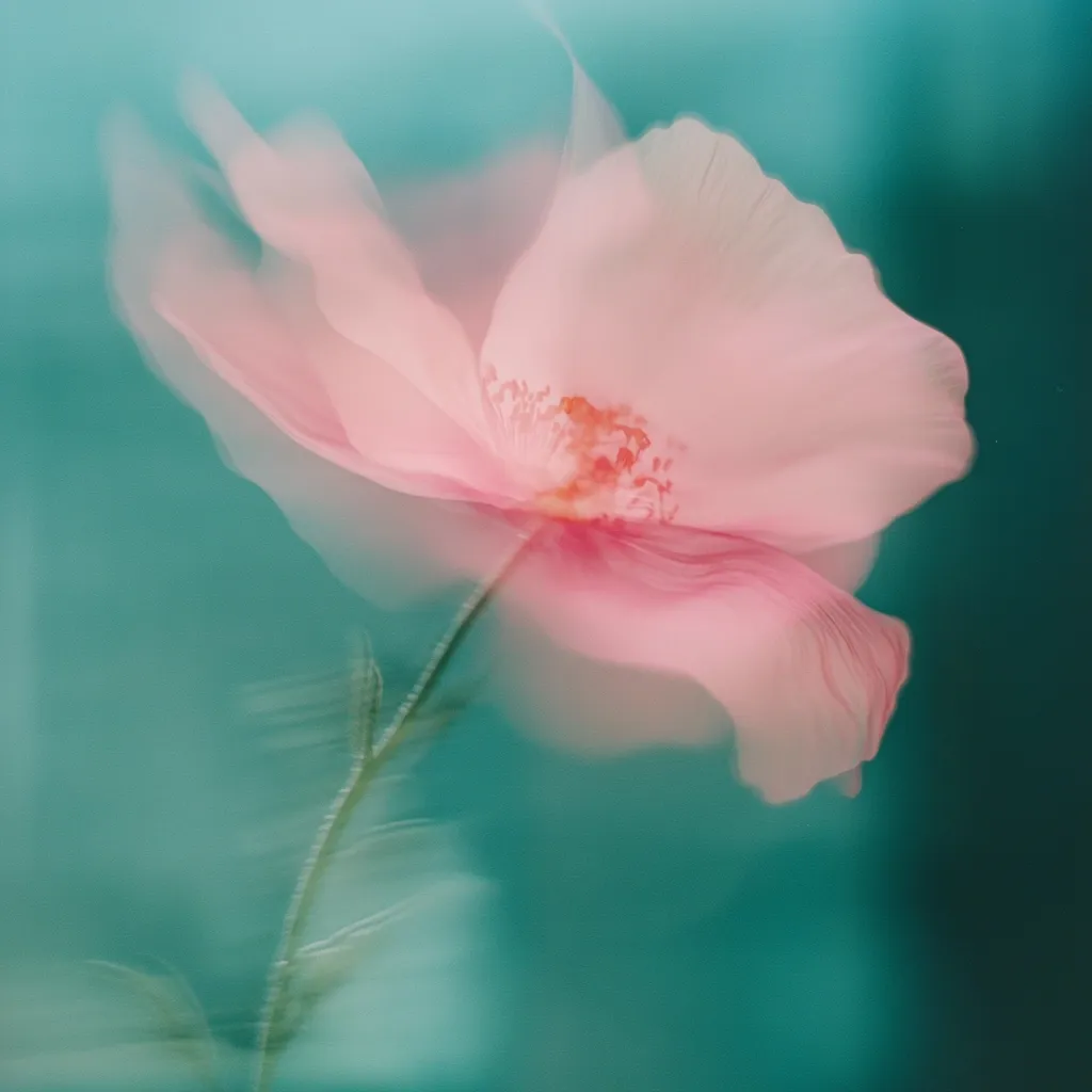 A delicate pink flower, possibly a poppy, is captured in a dreamy, blurred motion against a teal background.  The soft focus emphasizes the flower's ethereal quality and delicate petals.  The stem is visible, suggesting a gentle breeze or movement. The overall effect is one of serene beauty and artistic expression.