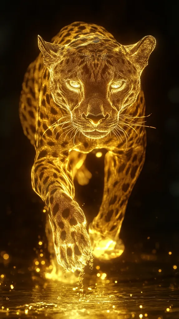 A golden cheetah, rendered in a luminous, almost ethereal style, strides towards the viewer.  Its spots glow intensely, and its paws create shimmering splashes in a golden pool of water. The dark background enhances the creature's radiant form, creating a powerful and captivating image.  The overall effect is one of mystical beauty and wild grace.