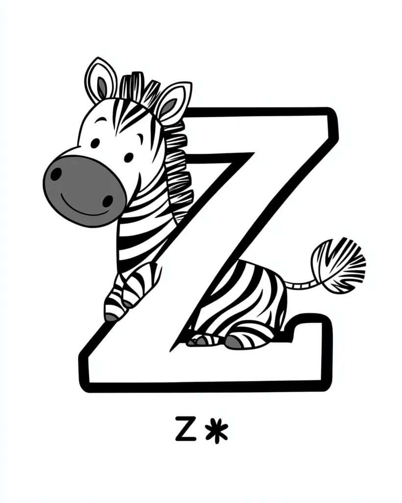 A cartoon zebra is nestled inside a large, bold capital letter "Z." The zebra is black and white, with a simple, friendly design.  The letter is outlined in thick black lines, and a small "Z*" is printed below. The image is likely part of an alphabet book or educational material for children.