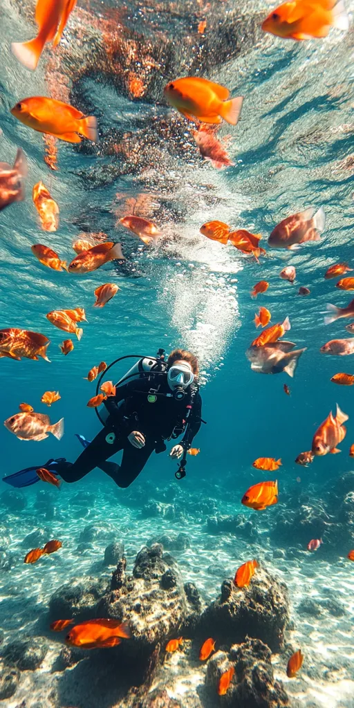 A scuba diver explores a vibrant coral reef teeming with numerous bright orange fish.  Sunlight filters through the water, illuminating the diver and the diverse marine life. The diver is centrally positioned, surrounded by a school of fish, creating a captivating underwater scene. The ocean floor is visible, showing a rocky, coral-covered bottom.  The image showcases a beautiful underwater ecosystem.