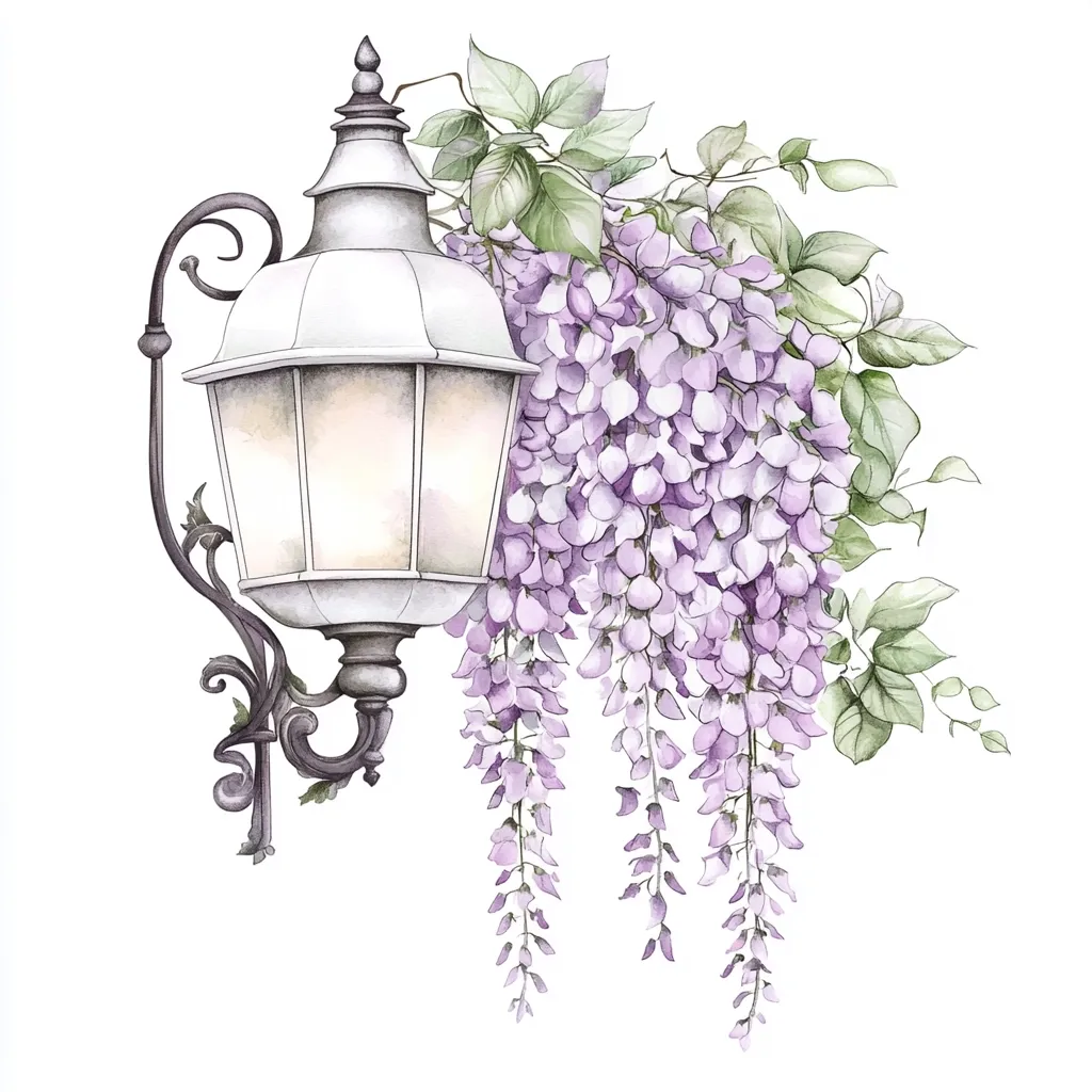 A watercolor painting depicts an ornate, vintage-style lamppost with a soft white lantern.  Delicate purple wisteria flowers cascade from the lamppost, their blossoms spilling down in elegant clusters. The greenery of the wisteria vine complements the metalwork of the lamp, creating a romantic and charming composition.  The overall style is delicate and evocative of springtime.