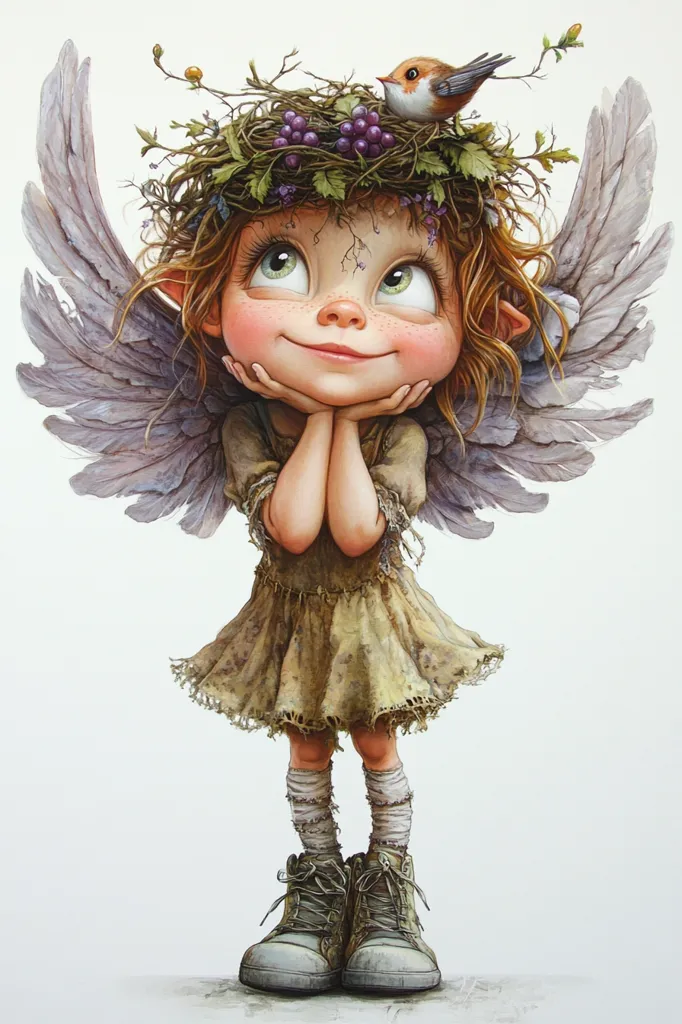 A whimsical illustration depicts a cherubic angel with large eyes and a charming smile.  She wears a tattered, earthy-toned dress and oversized boots. A bird perches atop a nest of twigs and grapes adorning her head, acting as a crown.  Her large, feathery wings frame her hopeful expression. The style is imaginative and slightly melancholic, invoking a sense of wonder and innocence.