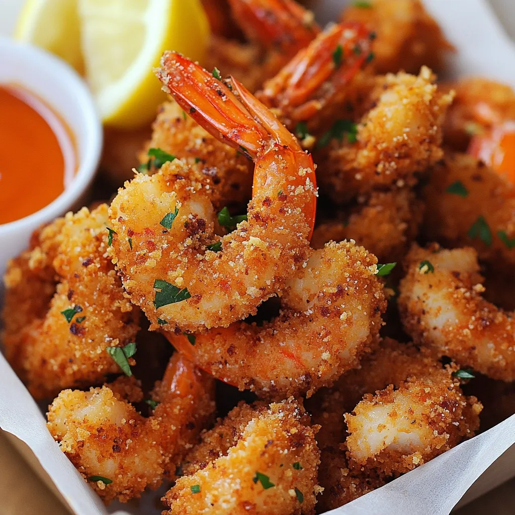 A close-up shot of crispy, breaded shrimp piled high in a white container.  The shrimp are golden brown and appear seasoned with herbs.  A small bowl of orange dipping sauce and lemon wedges are visible in the background.  Parsley garnish adds freshness to the dish. The overall impression is one of delicious, flavorful seafood.