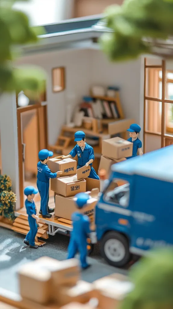 A miniature scene depicts a moving company unloading boxes from a blue truck.  Tiny workers in blue uniforms carefully carry labeled cardboard boxes into a small house.  The scene is detailed, including plants and a bookshelf inside the house, creating a charming and whimsical diorama.  The boxes suggest a household move is underway.