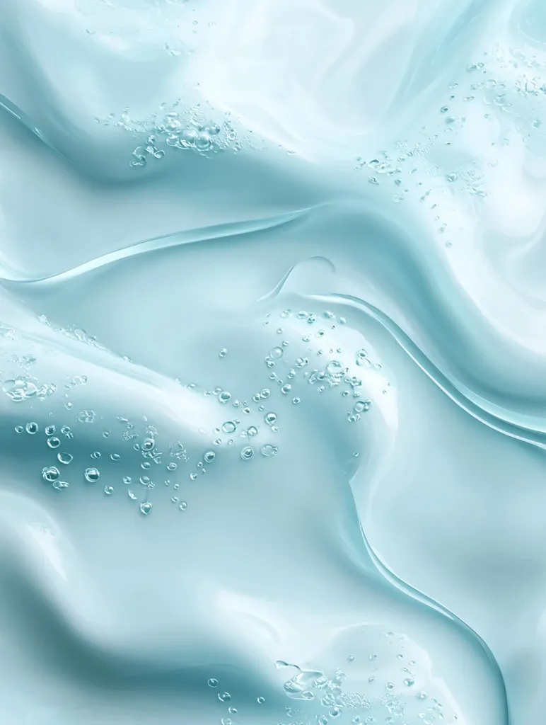 A close-up shot reveals a light blue, translucent gel with small air bubbles dispersed throughout.  The gel is textured with soft, flowing waves and curves, creating a smooth, elegant aesthetic. The image evokes a feeling of freshness and purity, possibly representing a skincare product or cosmetic. The light reflects subtly off the surface, highlighting the gel's texture and the tiny bubbles.
