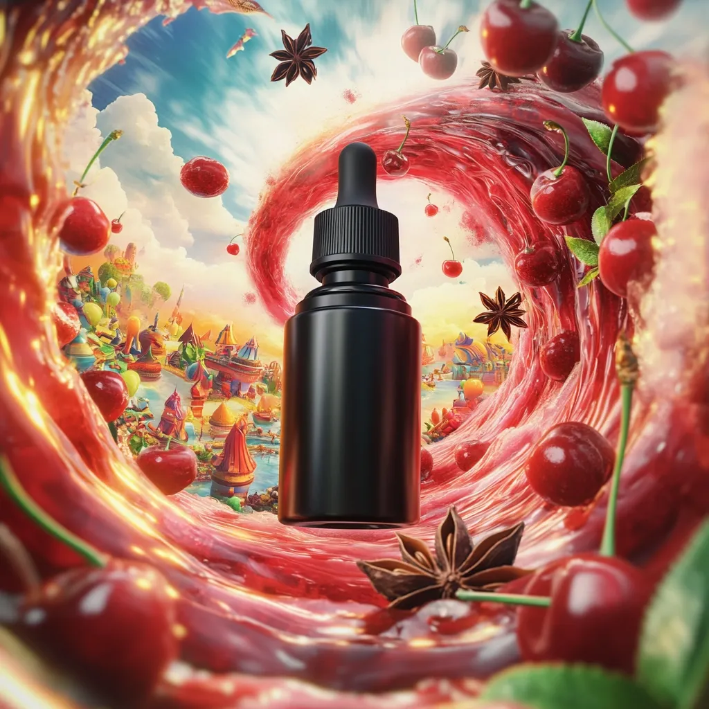 A black dropper bottle floats in a swirling vortex of vibrant red cherry juice.  Surrounding the bottle is a fantastical, colorful landscape, reminiscent of a whimsical village or carnival.  Star anise spices are scattered throughout the scene, adding to the rich visual texture. The overall image is dynamic and suggestive of a cherry-flavored product.