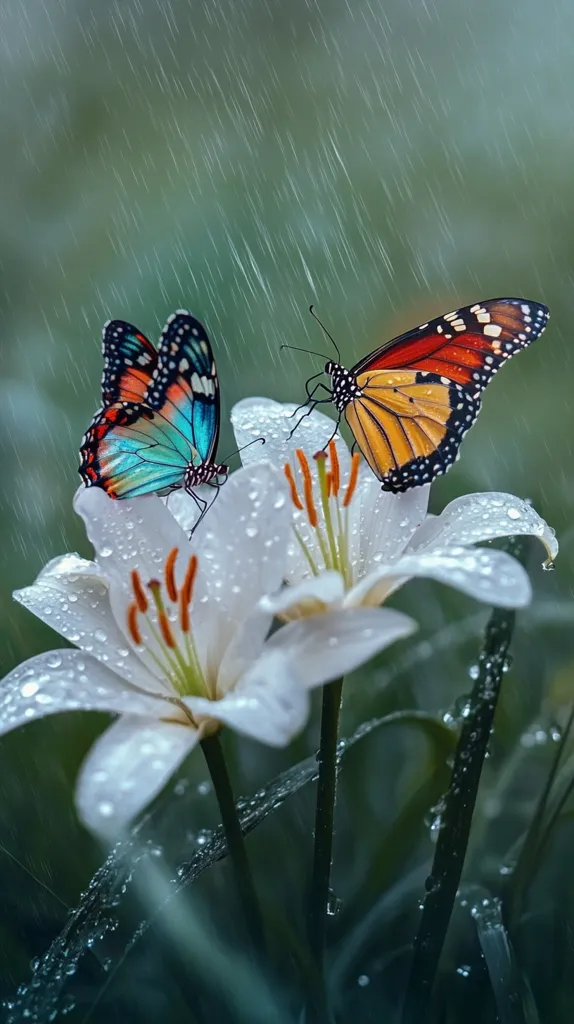 Two butterflies, one vibrant teal and orange, the other a classic monarch, alight on a pair of pristine white lilies.  Rain droplets cling to the petals and leaves, creating a serene and enchanting scene. The background is a soft blur of green, emphasizing the delicate beauty of the butterflies and flowers in the gentle rain.