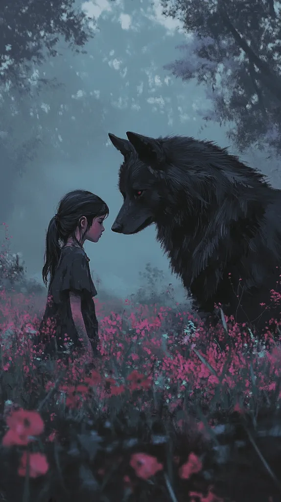 A young girl with dark hair stands in a field of pink flowers, facing a large black wolf.  The wolf and girl are close, their gazes meeting.  The scene is set in a misty forest, the atmosphere dark and somewhat mysterious.  The artwork evokes a sense of quiet companionship between the girl and the wolf, hinting at a magical or fantasy setting.
