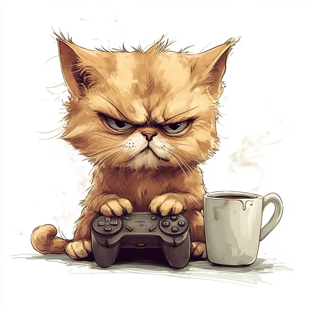 A grumpy-looking orange cat sits intensely focused on a video game controller.  Its furrowed brow and narrowed eyes convey a serious, almost annoyed expression. A steaming mug of coffee sits beside it, suggesting a late-night gaming session. The style is digital art, with a slightly textured, painterly effect.  The cat's fur is realistically rendered, while the background is simple and white.