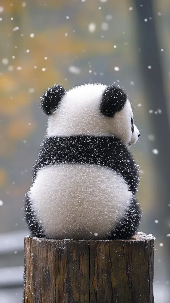 A fluffy panda cub sits on a snow-dusted tree stump, its back to the camera.  Light snow falls around it, creating a serene winter scene. The panda's fur is thick and white, with distinctive black markings barely visible.  The background is blurred, showing autumnal colors and falling snow.  The overall image is peaceful and charming.