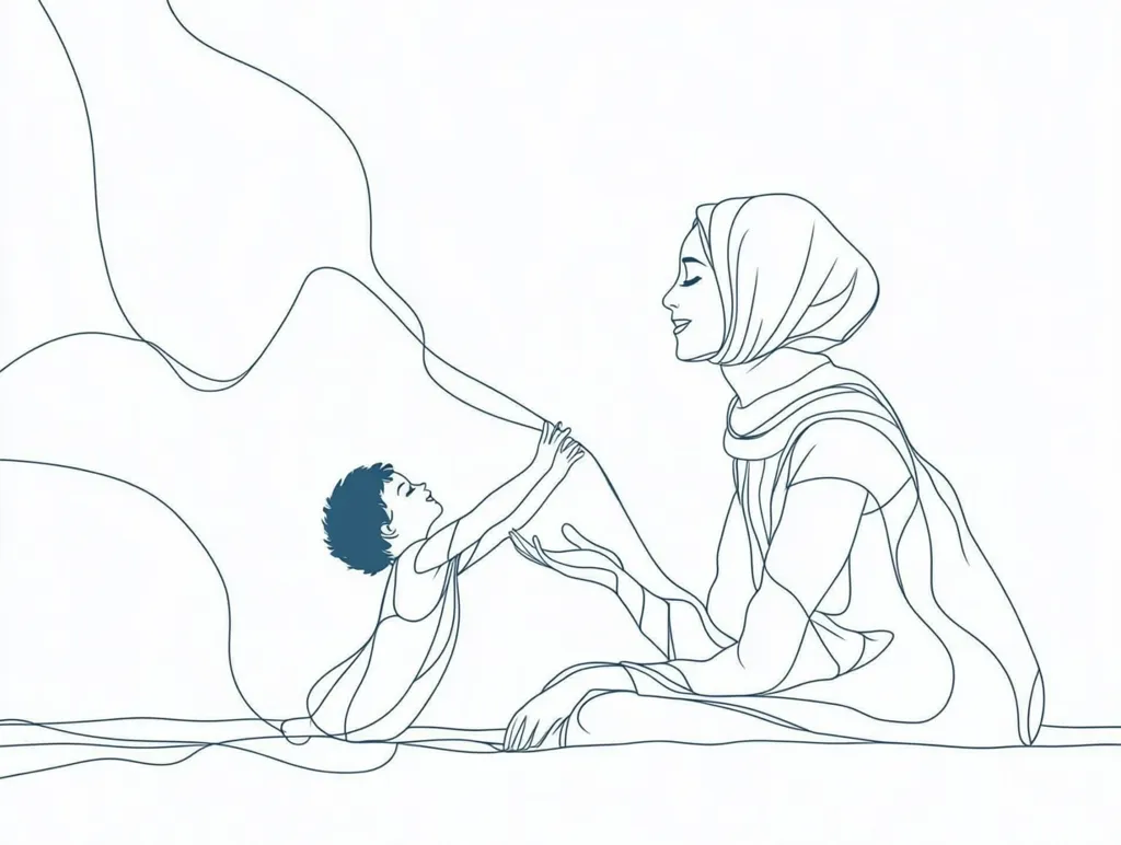 A line drawing depicts a serene scene of a Muslim mother in a hijab gently interacting with her child.  The child's arms reach up playfully, connected by a flowing line suggesting movement and connection.  The minimalist style emphasizes the bond between them, creating a peaceful and tender image.  The lines are delicate and fluid, enhancing the sense of calm.