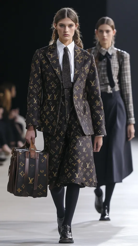 A fashion model strides down a runway, carrying a Louis Vuitton monogrammed bag.  She wears a matching Louis Vuitton suit, consisting of a jacket and a short skirt, paired with a crisp white shirt and dark tie.  Her dark socks and shoes complete the androgynous look. Another model in a darker, plaid ensemble follows behind.  The overall style is sharply tailored and modern.