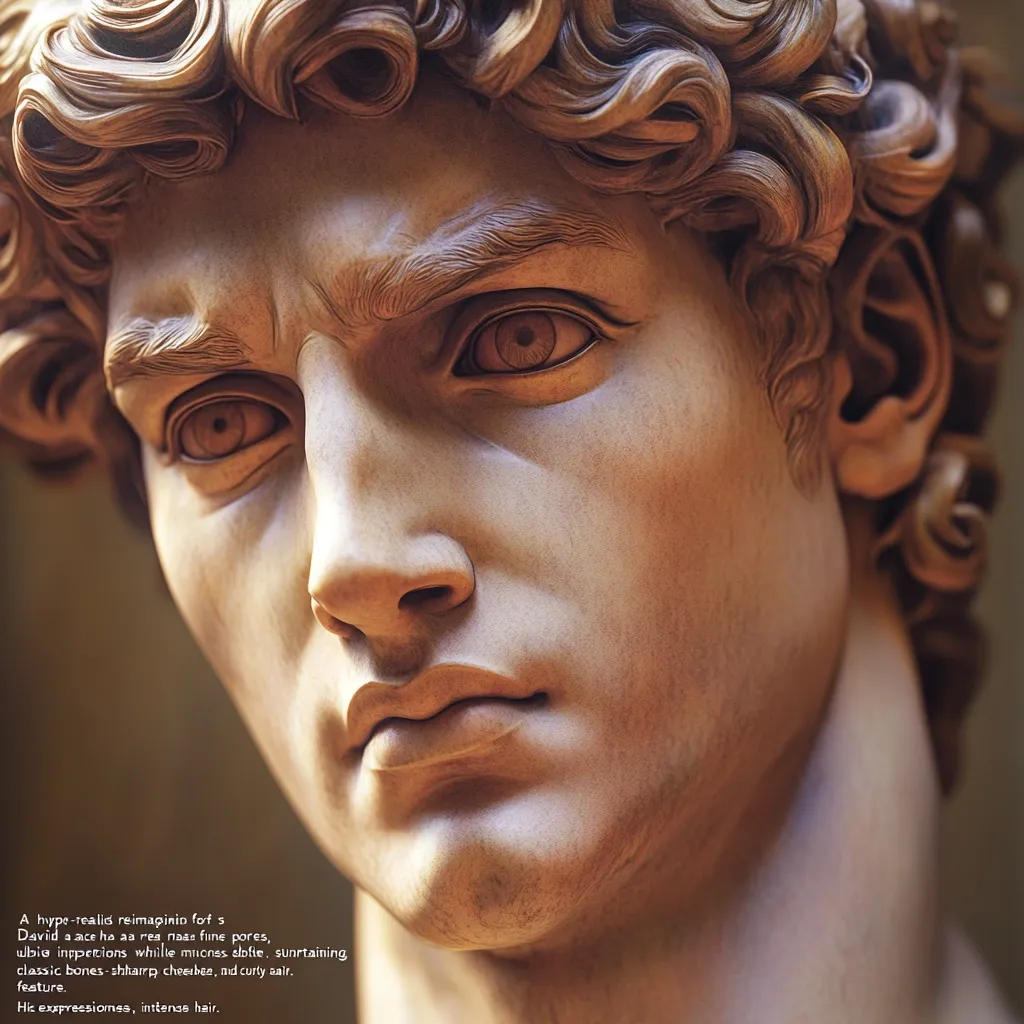 A hyperrealistic rendering of Michelangelo's David.  The sculpture showcases incredibly detailed features: fine pores, subtle imperfections, strong cheekbones, and curly hair. The intense expression and classic bone structure are highlighted, creating a striking and lifelike portrayal of the iconic figure.