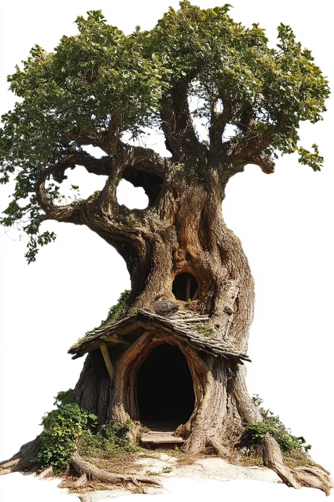 A large, ancient tree with a hollowed-out base forms a whimsical dwelling.  The tree's gnarled trunk and extensive root system are visible, with a small, thatched roof covering the entrance to the interior.  Lush green foliage surrounds the base, enhancing the enchanting and secluded atmosphere of this natural shelter. The tree is isolated against a white background.