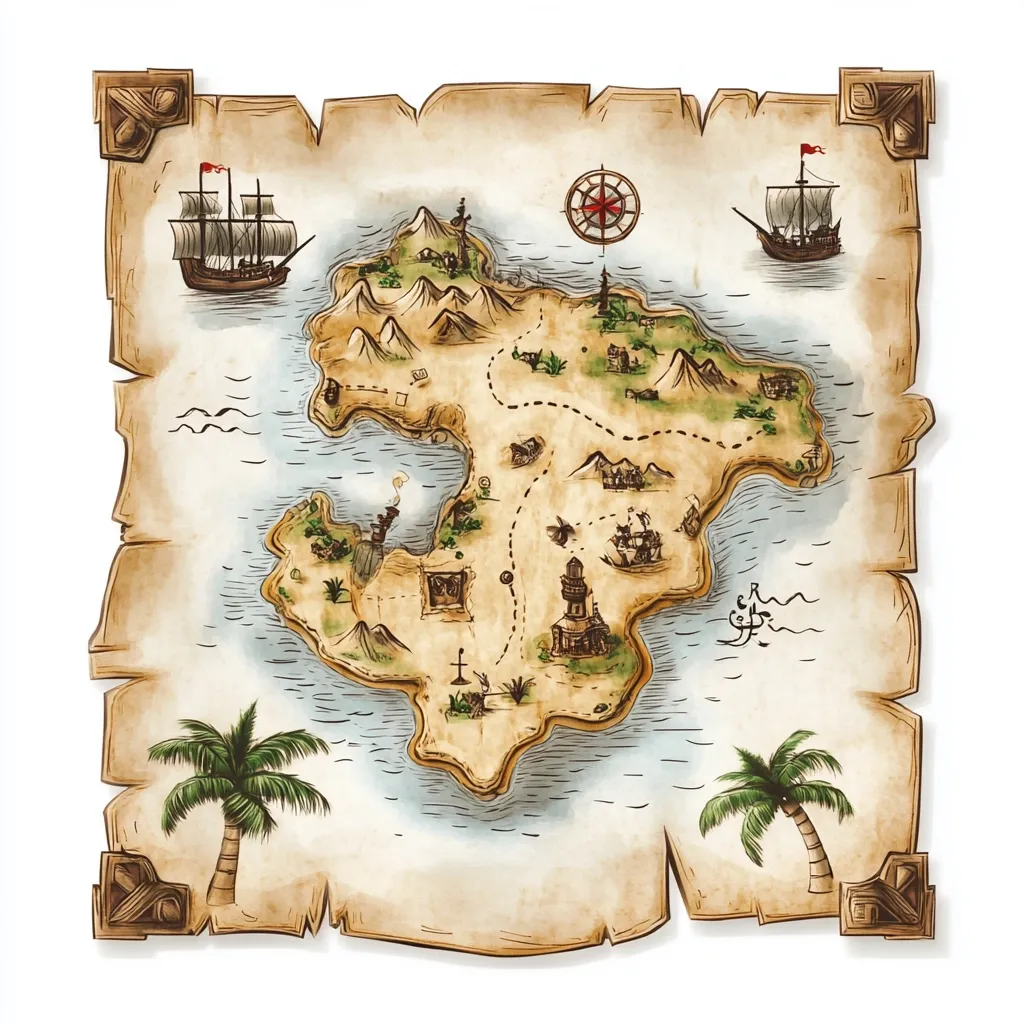 A whimsical treasure map depicts a rugged island surrounded by water, featuring two sailing ships, a lighthouse, palm trees, and a compass.  The aged parchment style suggests an antique feel, with hand-drawn details indicating various locations and landmarks.  A dotted line possibly marks a path or trail across the island.  The overall style is reminiscent of classic pirate maps.