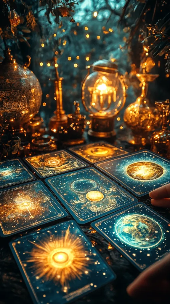 A mystical scene unfolds, featuring a spread of ornate tarot cards depicting celestial bodies—glowing suns, moons, and planets—against a deep blue, star-studded backdrop.  Surrounding the cards are antique brass lamps and vessels, casting a warm, ethereal light. The overall ambiance is one of magical ritual and cosmic energy, enhanced by a soft, blurry background suggesting a dimly lit, enchanted forest. A hand gently rests on the cards, adding a sense of participation in the mysterious unfolding.