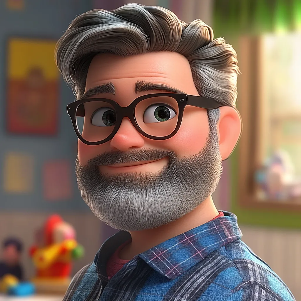 A charming, cartoon-style depiction of a middle-aged man. He sports salt-and-pepper hair styled upwards, black-rimmed glasses, and a neatly trimmed gray beard.  His expression is kind and approachable, with a subtle smile. He's dressed in a blue and purple plaid shirt, suggesting a casual and friendly demeanor. The background hints at a playful, possibly domestic setting.