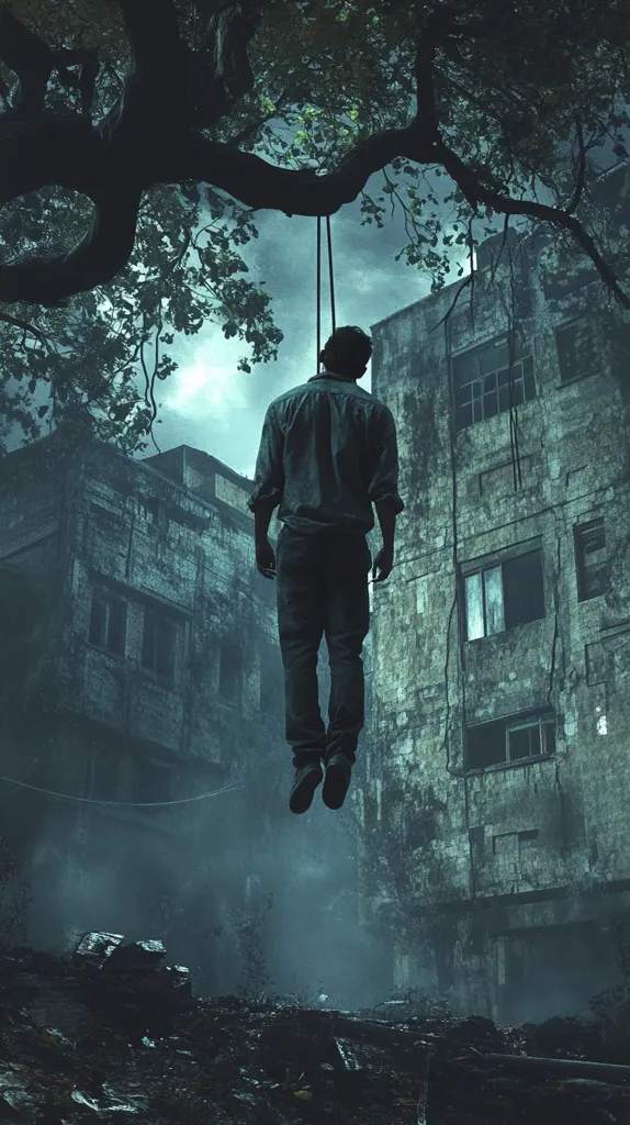 A man hangs from a tree branch in front of a dilapidated building.  The scene is dark and moody, with a somber atmosphere.  The building appears abandoned and overgrown, adding to the overall feeling of desolation and despair. The image is evocative and suggests themes of suicide or hopelessness.