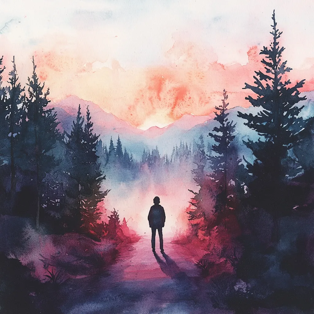A watercolor painting depicts a solitary figure standing on a path amidst a forest at sunset.  The sky is a vibrant blend of pink, orange, and purple hues, reflecting on the misty forest floor.  Dark silhouette trees frame the path leading towards a mountainous backdrop bathed in the warm glow of the setting sun. The overall mood is serene and contemplative.