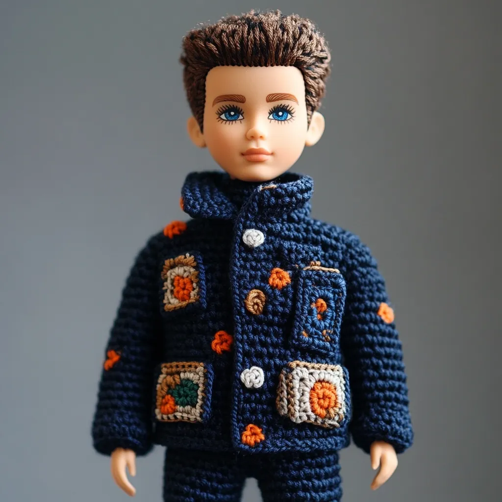 A male doll with brown hair and bright blue eyes is dressed in a handmade crocheted outfit.  The navy blue jacket features colorful crocheted patches in orange, cream, and green, adding a unique and charming detail. The matching pants complete the adorable, hand-crafted ensemble.  The doll's expression is calm and pleasant.