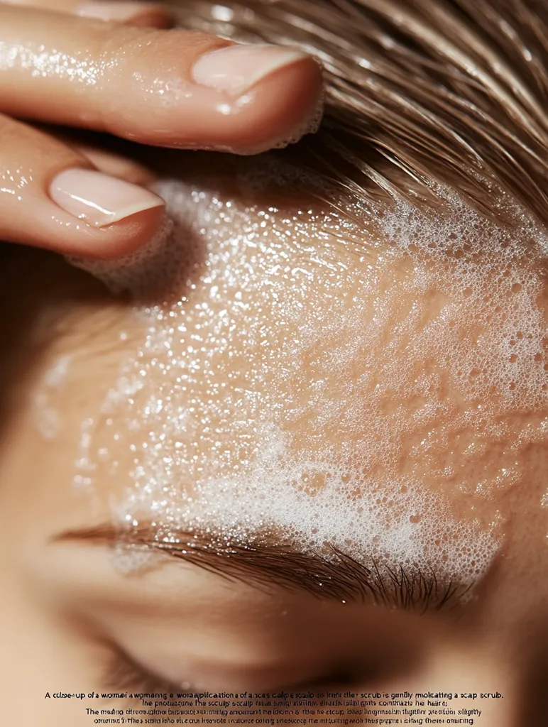 A close-up shows a woman's fingers gently massaging a thick, foamy scalp scrub into her hairline.  The lather is abundant and white, contrasting against the tan skin.  The image focuses on the texture and application of the scrub, highlighting its creamy consistency.  The woman's eyebrow is partially visible beneath the foam.