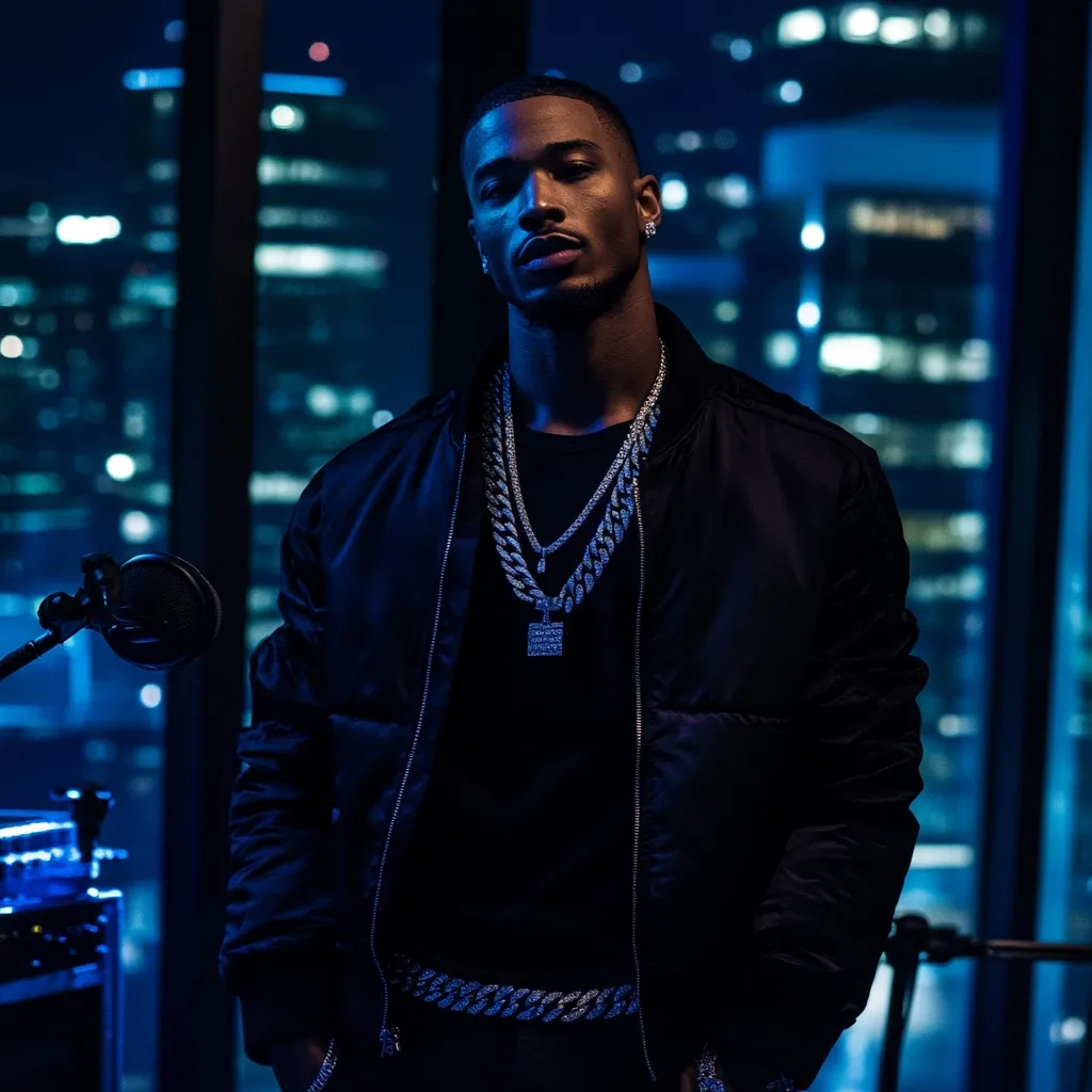 A young man, possibly a rapper, stands against a backdrop of a city skyline at night. He's dressed in a dark bomber jacket and black shirt, adorned with multiple iced-out, diamond-encrusted necklaces and a belt. The blue-hued lighting casts a dramatic effect on the scene, emphasizing the jewelry and the man's serious expression. A microphone is partially visible in the foreground, suggesting a recording studio setting.