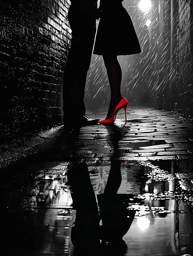 A silhouetted couple embraces in a rain-soaked alleyway, their figures stark against the monochrome backdrop.  The woman's bright red high heels are a vibrant pop of color.  The wet cobblestones reflect their forms, creating a mirrored image in a puddle. The romantic scene is set under the dim glow of a streetlamp, adding to its dramatic atmosphere.