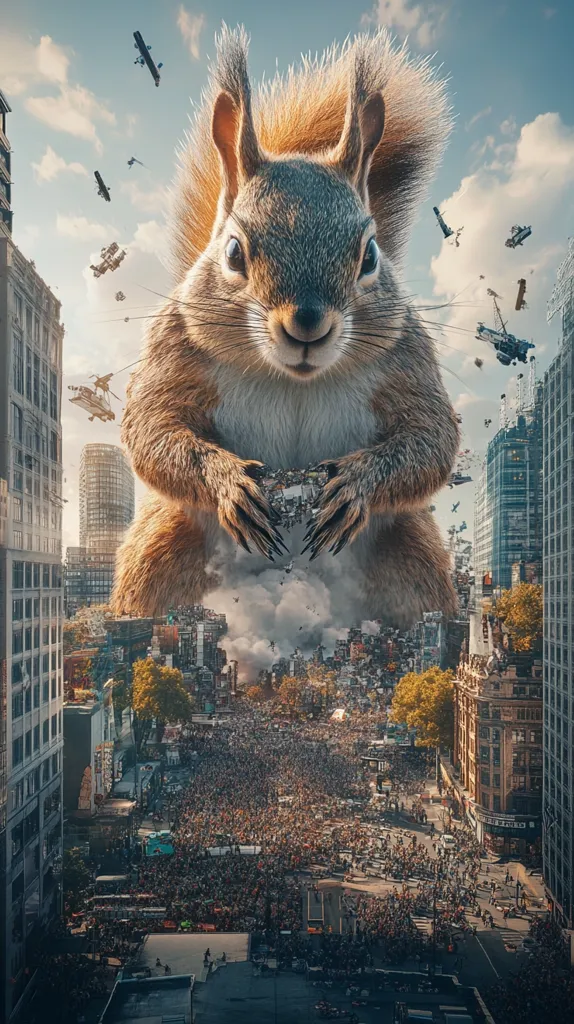 A giant squirrel looms over a bustling city, its massive paws poised.  Small aircraft and debris rain down around it, creating a chaotic scene.  The city below is filled with a dense crowd of people, dwarfed by the colossal rodent. The image is a surreal juxtaposition of nature and urban environments, suggesting a fantastical or apocalyptic event.