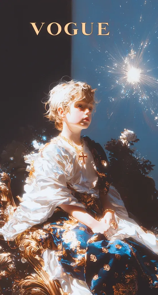 A young, blond child, dressed in a regal, ornate blue and gold gown, sits on a gilded chair.  The image, styled like a Vogue cover, features a celestial background with a bright starburst.  The child wears a gold cross necklace, and the overall aesthetic is ethereal and luxurious.  Soft lighting enhances the dreamlike quality of the portrait.