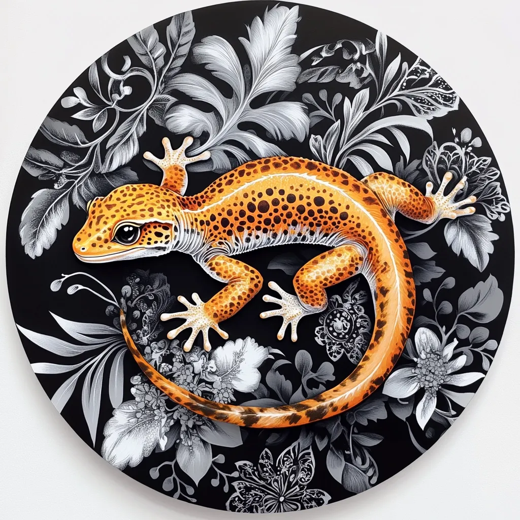 A vibrant orange and black leopard gecko is meticulously painted on a circular canvas.  The gecko is centrally positioned, its detailed scales and features sharply rendered.  It's surrounded by a dramatic, stylized floral pattern in shades of gray and white against a black background, creating a striking contrast and highlighting the reptile. The artwork demonstrates exceptional skill in both animal and botanical illustration.