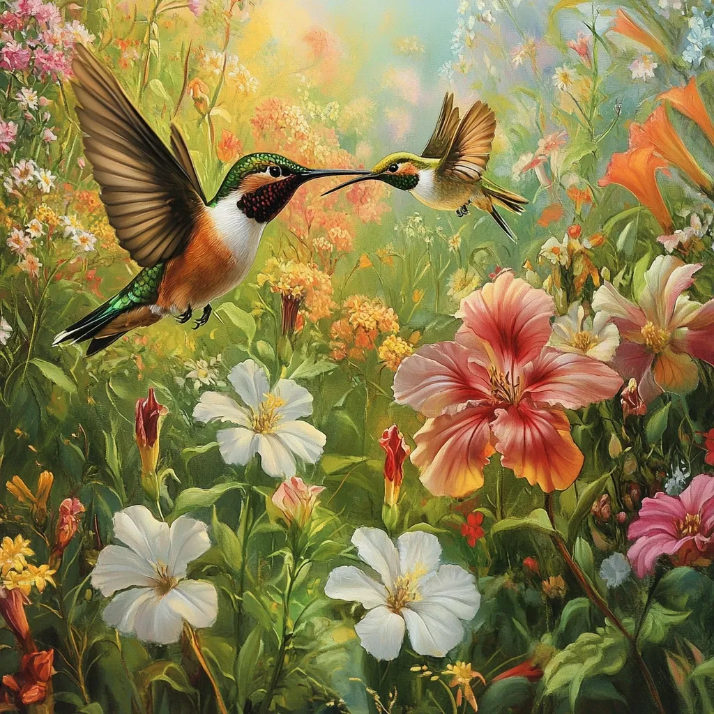 Two hummingbirds, one predominantly orange and brown, the other a lighter green, hover near each other amidst a vibrant garden.  The scene is alive with a profusion of colorful flowers, including white, pink, and orange blossoms, all rendered in a painterly style with soft light and subtle shading.  The overall impression is one of tranquil beauty and the delicate balance of nature.