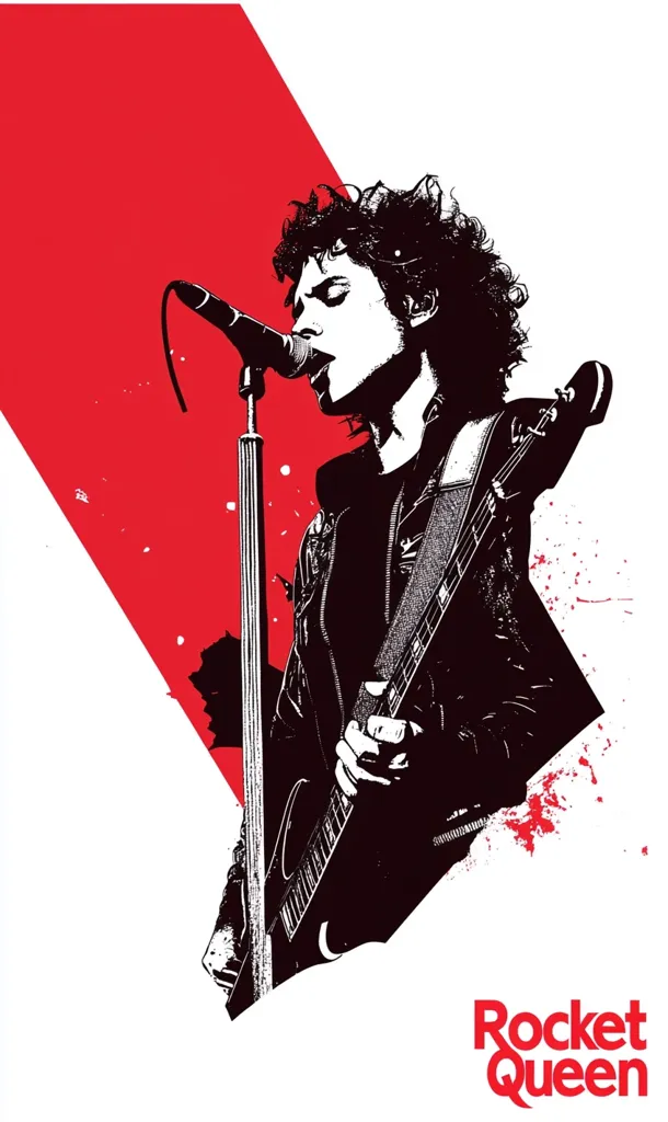 A stylized black and white illustration of a rock musician singing into a microphone while playing an electric guitar.  The image is set against a bold red and white background, incorporating splashes of red paint for added visual impact. The title "Rocket Queen" is prominently displayed at the bottom. The overall style is edgy and energetic, evoking the feeling of a live rock performance.