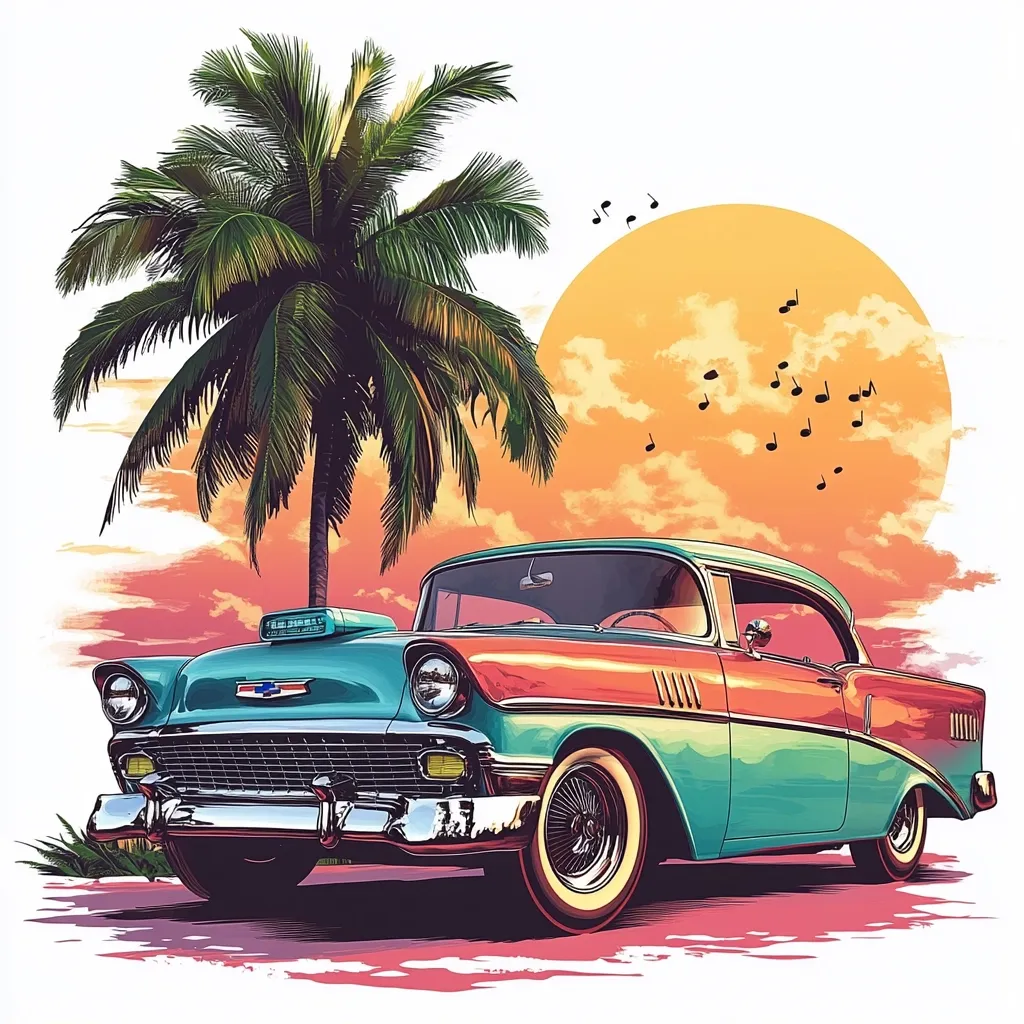 A vibrant illustration depicts a classic teal and orange 1950s Chevrolet Bel Air parked beneath a palm tree against a sunset backdrop.  Musical notes float in the sky, adding a nostalgic, romantic atmosphere. The car is highly detailed, showcasing its vintage charm. The overall style is evocative of a tropical paradise and a bygone era.