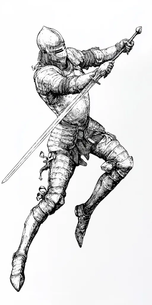 A meticulously detailed ink drawing depicts a knight in full plate armor mid-leap, sword raised high. The knight's pose suggests dynamism and action, possibly mid-combat.  The artist's focus on intricate detailing showcases the texture of the armor and the sharp lines of the sword. The style is reminiscent of medieval illustrations or fantasy art. The overall effect is one of power and grace.