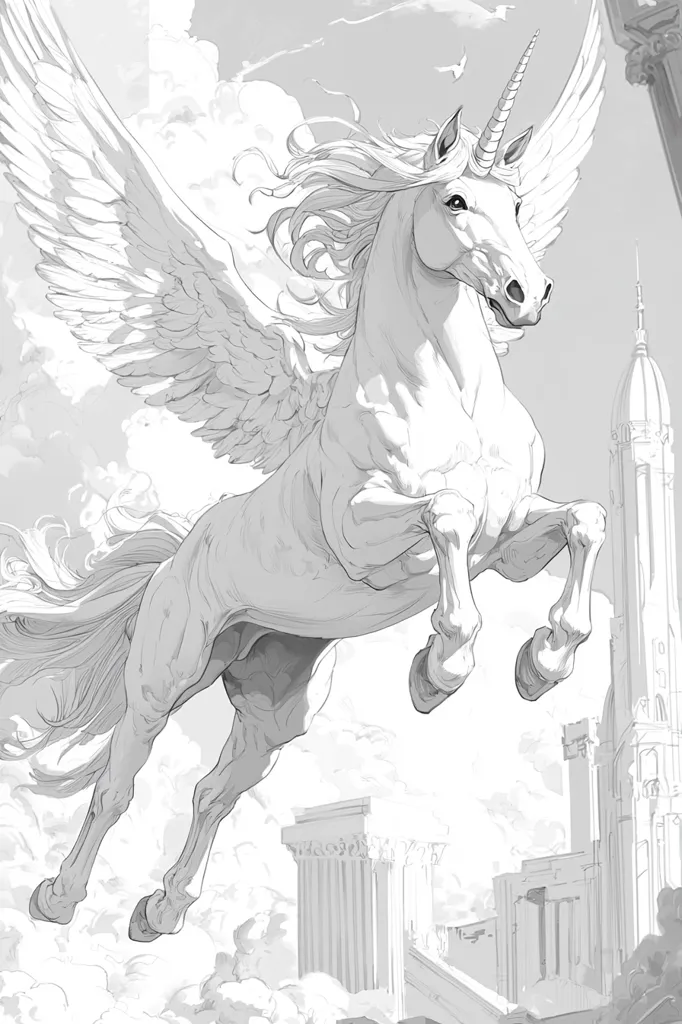 A majestic winged unicorn, depicted in monochrome, soars through the clouds. Its flowing mane and tail contrast with the sharp lines of its wings and horn.  The unicorn's powerful legs are poised mid-leap, suggesting dynamic movement.  Below, a classical-style cityscape hints at a grand, perhaps mythical, setting. The overall style is clean and detailed, emphasizing the creature's grace and power.