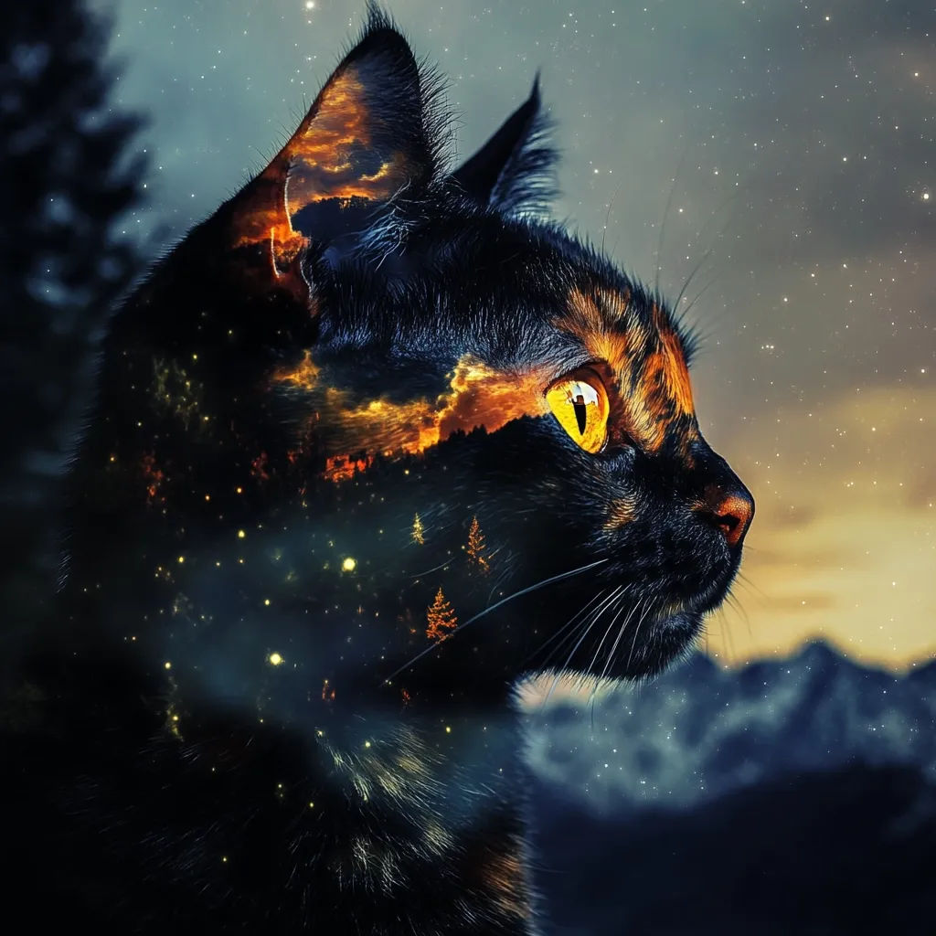A captivating image of a black tortoiseshell cat in profile, its form overlaid with a vibrant landscape.  The cat's fur seems to blend with a fiery sunset, a dark forest, and a starry night sky.  Its luminous yellow eye stands out against the mystical backdrop, creating a surreal and beautiful artistic composition.  The overall effect is one of magical realism and tranquility.
