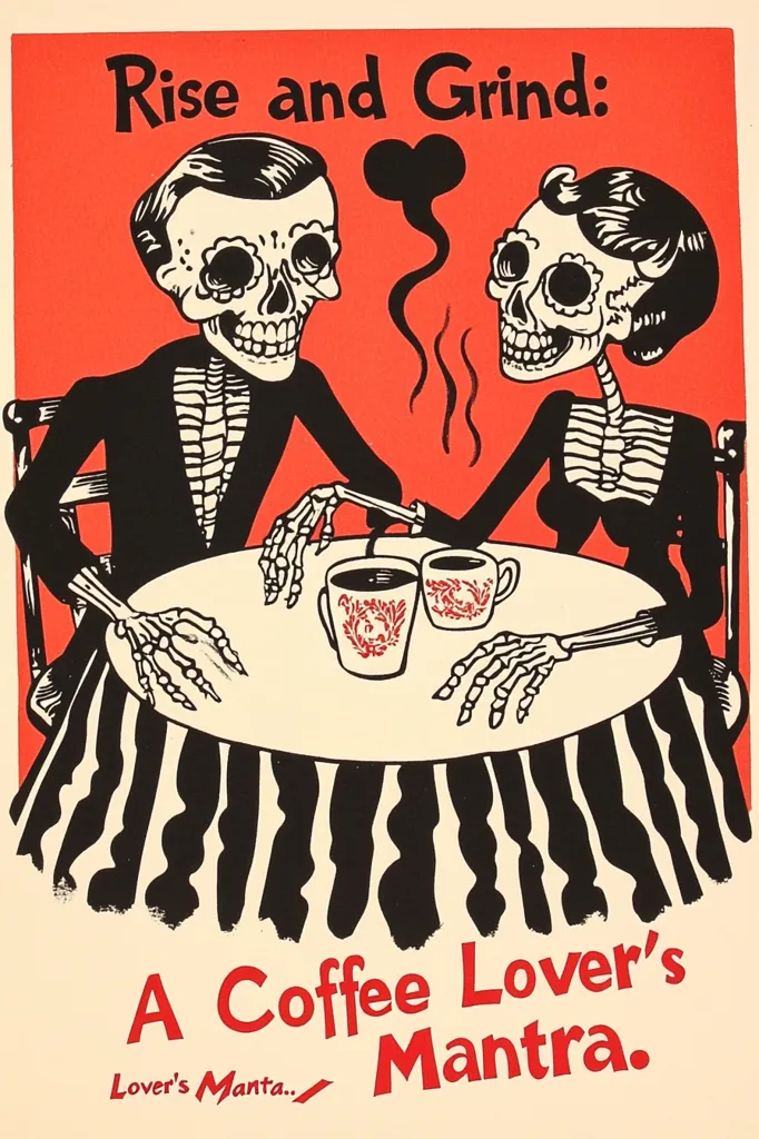 A Day of the Dead-themed illustration depicts a skeleton couple enjoying coffee at a table. The title "Rise and Grind: A Coffee Lover's Mantra" is displayed prominently. The skeletons are stylishly dressed, with the woman sporting a retro hairstyle.  Steam rises from their mugs, creating a cozy atmosphere. The black and white illustration contrasts sharply against the red background.  The overall style is bold and playful.