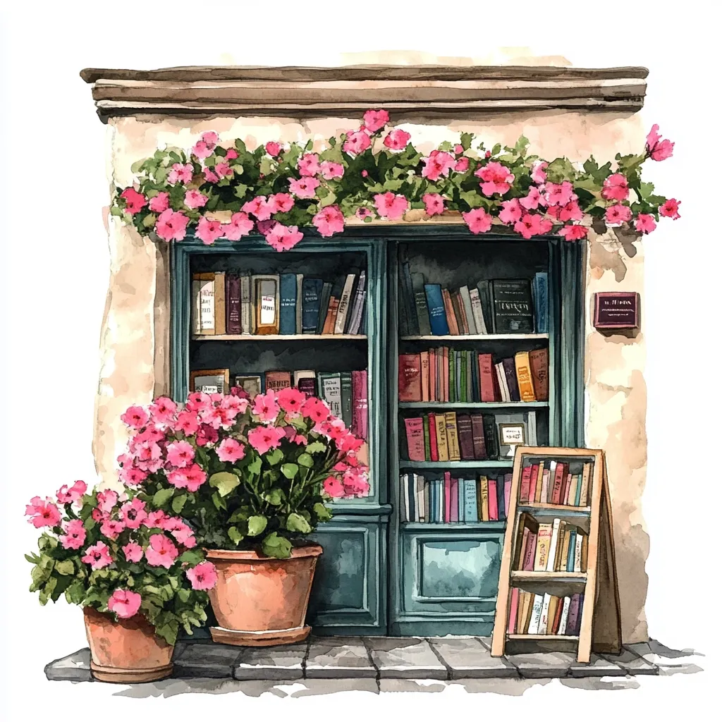 A charming watercolor painting depicts a quaint bookshop.  A teal-colored door frames bookshelves overflowing with volumes.  Pink flowers cascade above the shop, and vibrant potted geraniums flank the entrance, adding a touch of vibrant color to the charming storefront.  A small wooden book display stands outside, completing the idyllic scene.