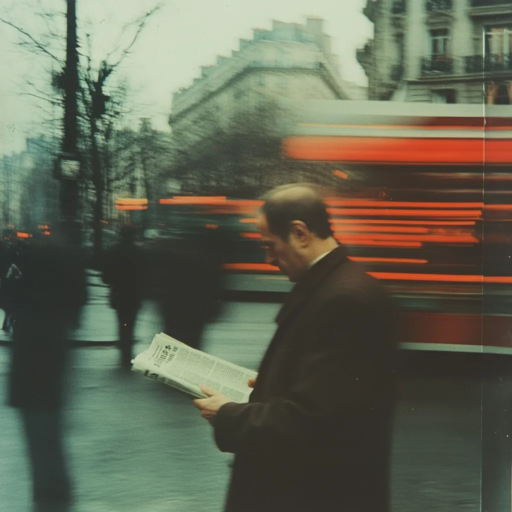 A man in a dark coat walks down a city street, reading a newspaper.  Blurred motion suggests a fast-moving bus passes him, creating streaks of orange and red.  The background includes indistinct buildings and trees, conveying a sense of urban movement and anonymity. The overall mood is one of quiet contemplation amidst bustling city life.
