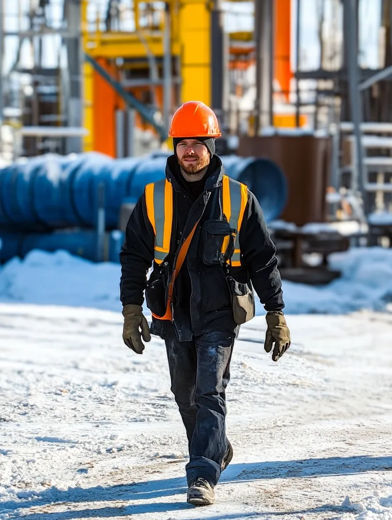 A male worker in an orange hard hat and high-visibility vest walks across a snowy industrial site.  He wears a dark jacket and work pants, and his attire suggests a role in construction or energy production. The background is blurred but shows large industrial equipment.  The scene is brightly lit, indicating a sunny day.