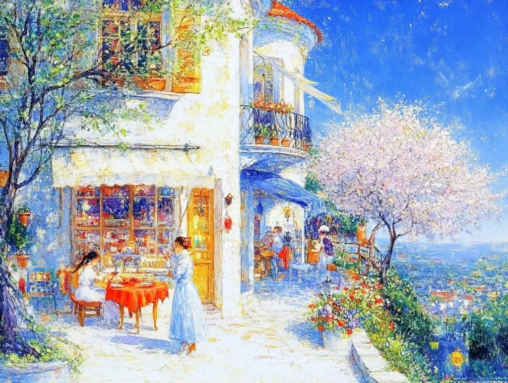 A vibrant painting depicts a sun-drenched Mediterranean scene. Two women sit at a red table outside a charming shop, under a white awning.  A blossoming tree and colorful flowers frame the quaint white building, which overlooks a sprawling cityscape under a bright blue sky. The scene is filled with light and a sense of peaceful tranquility.