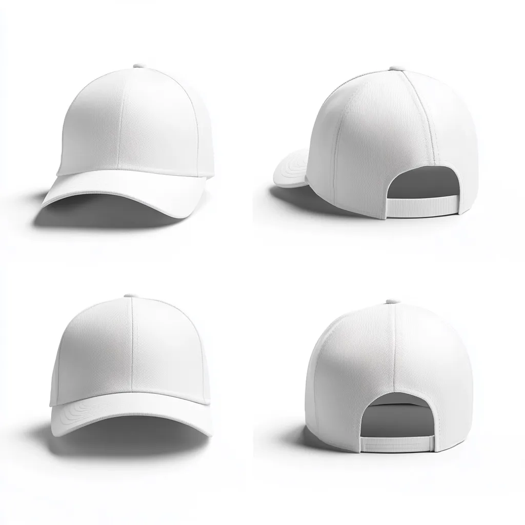 Four views of a plain white baseball cap are shown against a white background.  The images display the cap from the front, back, and both sides, providing a comprehensive view of the design. The cap is simple and unadorned, ideal for customization or branding.  The clean, bright white color highlights its smooth texture and structured form.