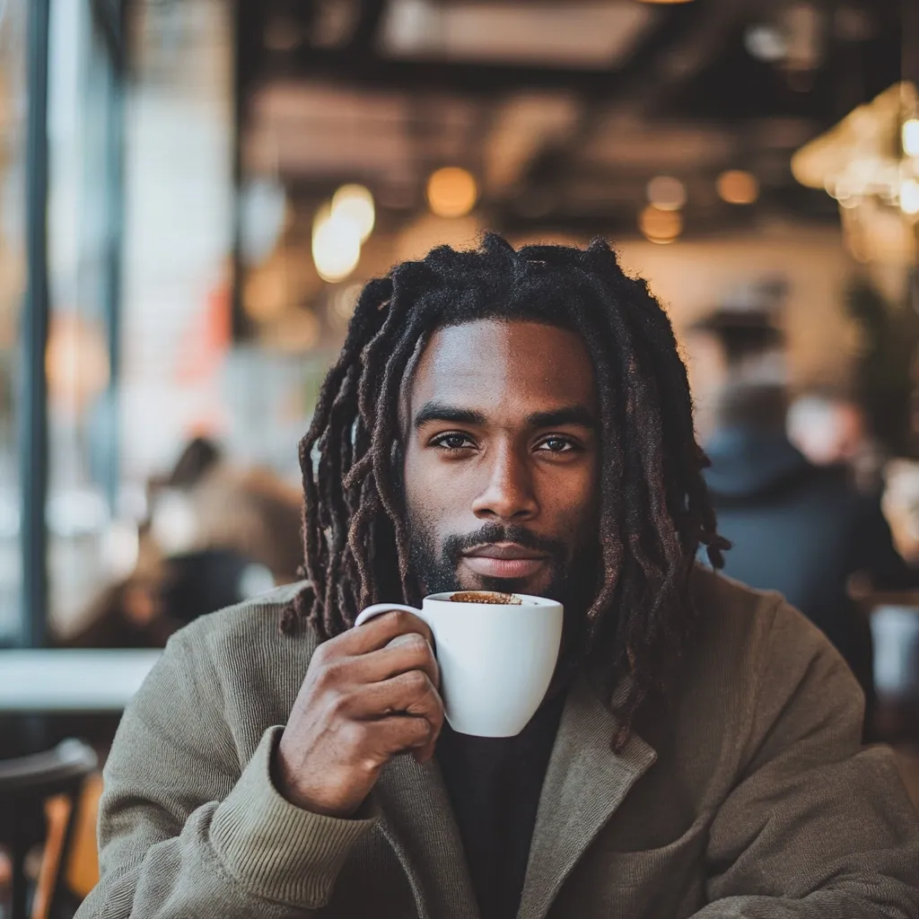 A young Black man with long dreadlocks sits in a cafe, holding a white coffee cup to his lips.  He gazes directly at the camera with a serious expression. He's wearing a muted olive-green corduroy jacket. The background is blurred, showing a bustling cafe environment. The overall mood is calm and contemplative.