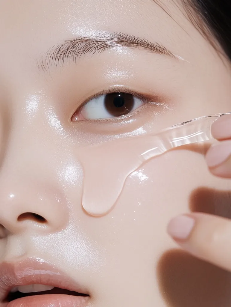 Close-up of a woman's face, showcasing dewy, radiant skin. A clear, gel-like substance is being applied to her under-eye area using a translucent tool. The image emphasizes the product's texture and the skin's luminous quality. The focus is on the application process and the resulting hydrated appearance. The overall aesthetic is clean and minimalist, highlighting skincare.