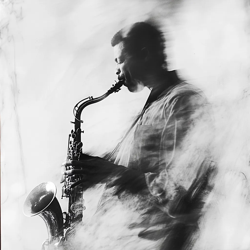 A black and white, motion-blurred photograph depicts a saxophonist playing his instrument.  The image emphasizes movement and emotion, the musician's form partially obscured by a hazy effect. The saxophone is sharply defined against the blurred background, creating a dramatic contrast.  The overall feel is one of intense musical expression and energy.
