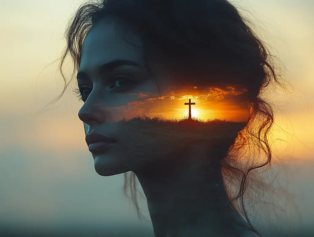 A double exposure image portrays a woman's profile superimposed over a sunset landscape.  The silhouette of a cross stands on a hill at the sunset's horizon, visible within the woman's face.  The image evokes a sense of faith, hope, and inner peace, blending the spiritual with the human form. The warm tones of the sunset contrast with the cool tones of the woman's face, creating a visually striking and evocative composition.