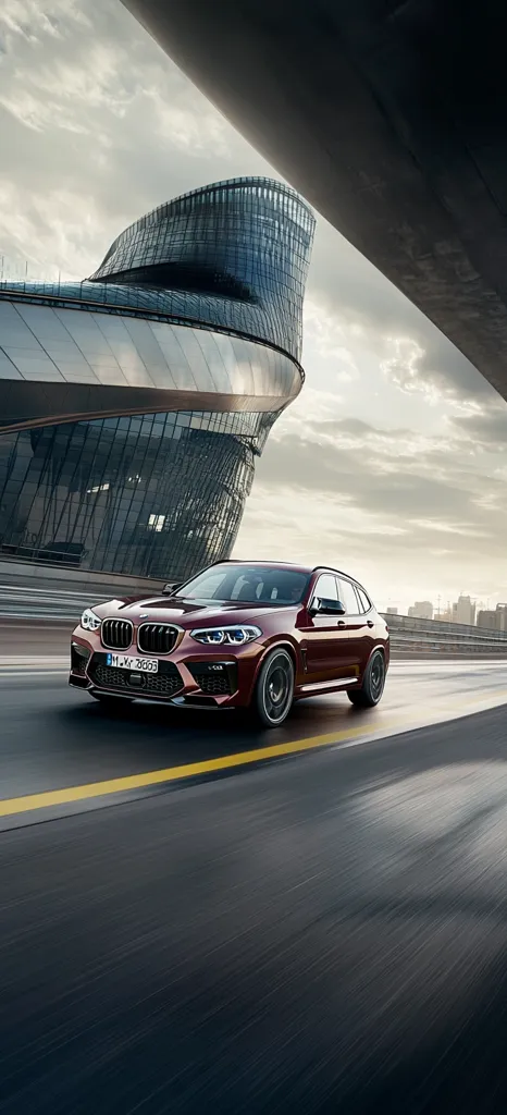 A dark red BMW XM drives on a highway.  The car is in motion, blurred slightly to convey speed. In the background, a modern, curved glass building stands under a cloudy sky.  The scene evokes a sense of power and sleek design, highlighting both the vehicle and the architecture.
