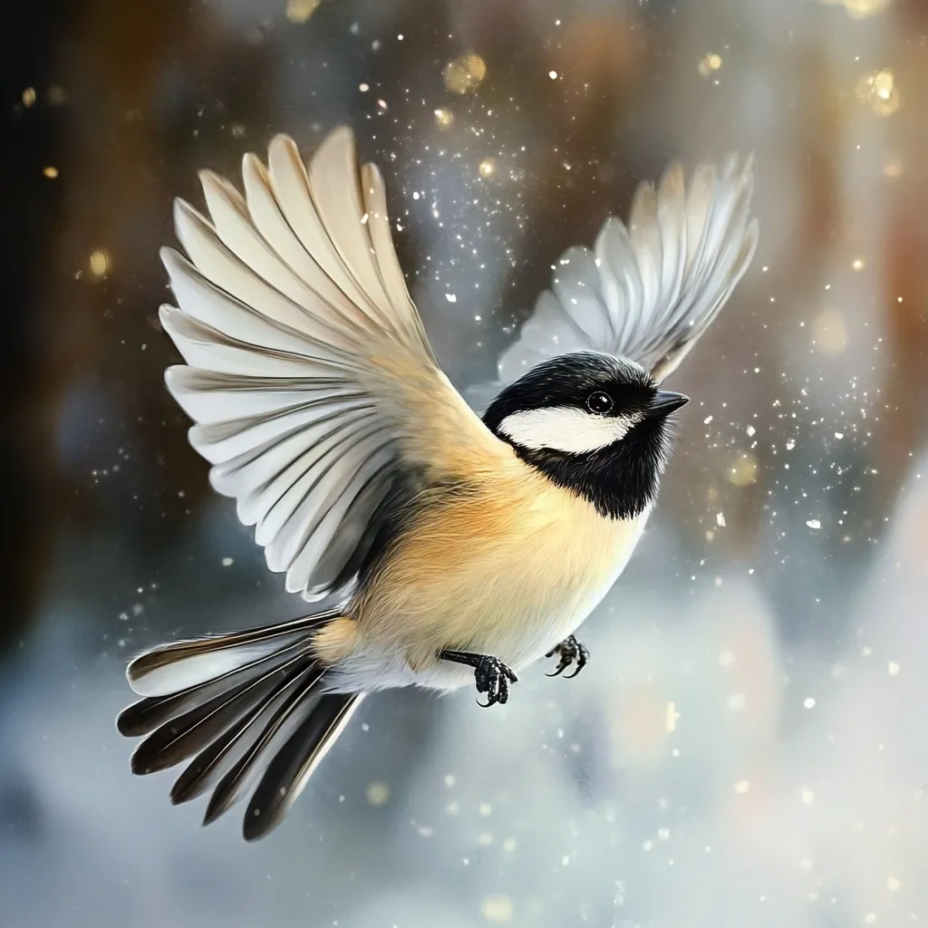 A small bird, possibly a titmouse, is depicted in mid-flight against a softly blurred winter background.  Its wings are fully spread, showcasing delicate feathers.  The bird's plumage is predominantly beige and brown, accented by black on its head and tail.  Snowflakes gently fall around it, creating a magical, ethereal atmosphere.  The overall impression is one of grace and winter beauty.