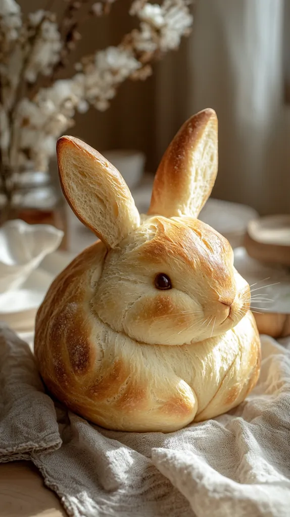 A charming artisan bread loaf is shaped like a plump bunny rabbit.  Its golden-brown crust shows delicate folds, and the eyes and nose are subtly detailed. The bunny rests on a soft, neutral-toned linen cloth, with dried flowers blurred in the background, creating a rustic and heartwarming scene.  The warm lighting highlights the bread's texture and adds to its overall appeal.